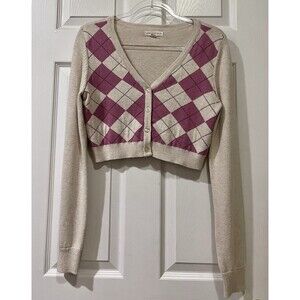 Aeropostale Argyle V Neck Crop Knit Cardigan Womens M Clueless Preppy Academia